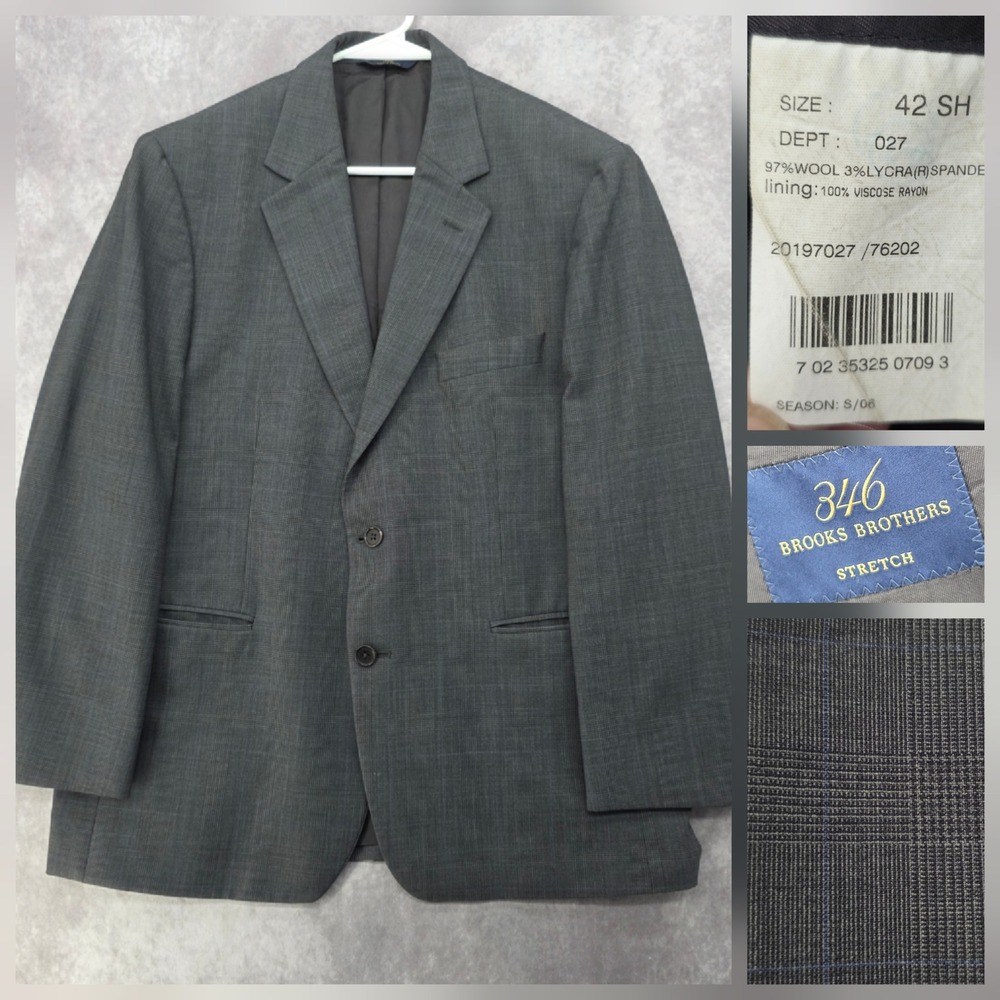 Brooks Brothers 346 Stretch Grey Glen Plaid Wool Blazer Jacket 42 SH Mens